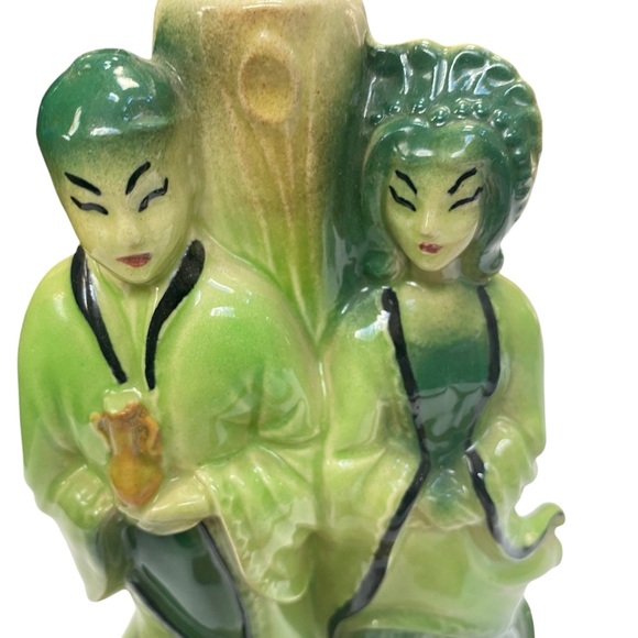 Vintage 1950  Metro Ware Asian Themed Green Ceramic Lamp Base man woman kitsch - Picture 2 of 9